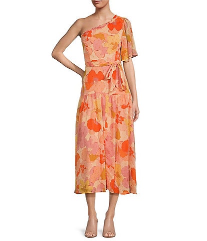 Taylor Floral Asymmetrical Neckline One Short Sleeve Ruffle Trim Maxi Dress