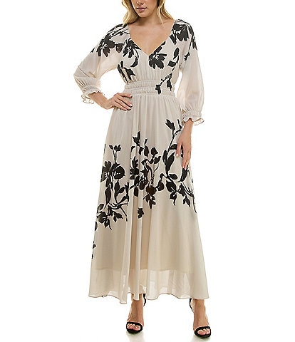 Taylor Floral Print Chiffon V-Neck Long Ruffle Cuff Sleeve Fit & Flare Dress