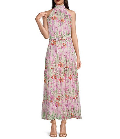 Taylor Floral Print Halter Mock Neck Sleeveless Belted Maxi Dress