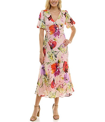 Taylor Floral Print Satin V-Neck Short Flutter Sleeve Dress