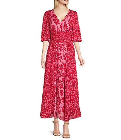 Taylor Floral Print V-Neck 3/4 Sleeve Smocked Waist A-Line Dress