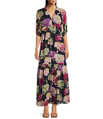 Taylor Floral V Neckline 3/4 Dolman Sleeve Smocked Waist Maxi Dress