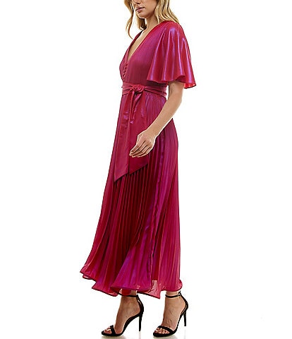 Taylor Flutter Sleeve Pleated Shimmer Foil Chiffon Midi Dress