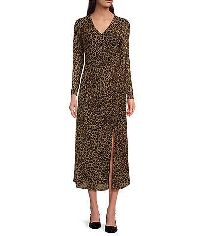 Taylor Leopard Mesh V-Neck Long Sheer Sleeve Gathered Side Midi Dress