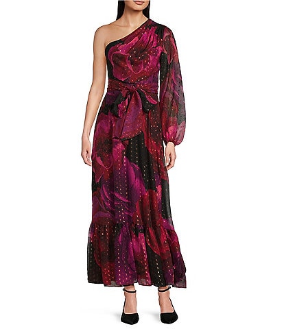 Taylor One Sleeve Floral Print Lurex Chiffon Ruffle Hem Maxi Dress