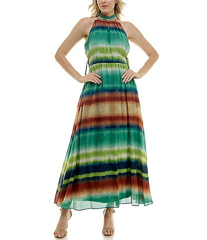 Taylor Printed Chiffon Halter Mock Neck Sleeveless Tie Side Gathered Back Keyhole Maxi Dress