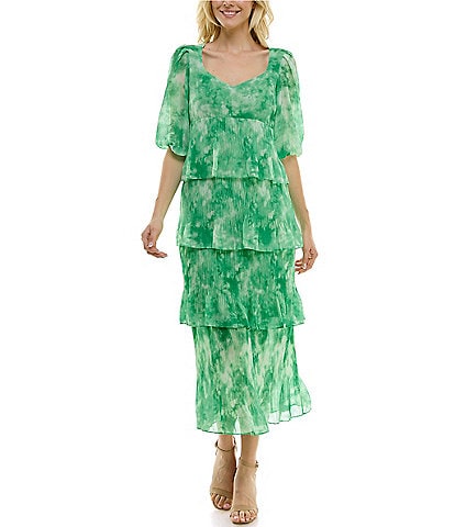 Taylor Printed Chiffon Sweetheart Neckline 3/4 Sleeve Tiered Gown