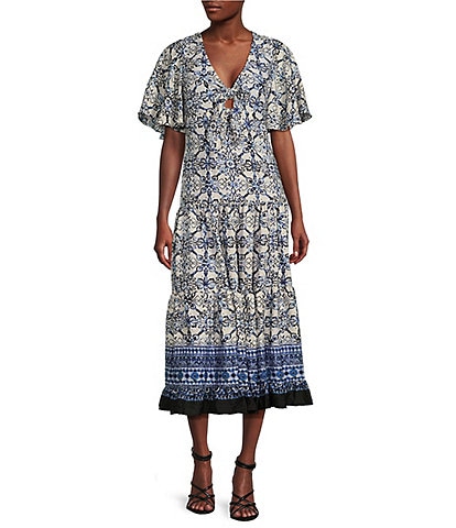 Taylor Printed V-Neckline Short Sleeve Bodice Cut-Out A-Line Dress