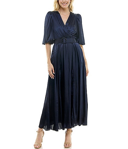 Taylor Satin Crinkle Crepe Surplice V-Neck Elbow Puff Sleeve Belted Pleated Maxi Dress