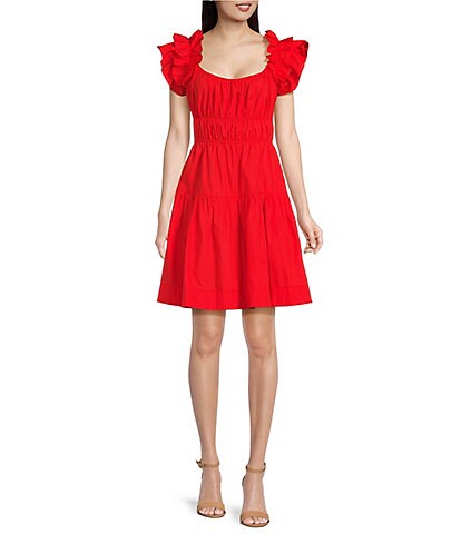 Taylor Scoop Neckline Ruffle Sleeve Ruched Bodice Fit and Flare Dress