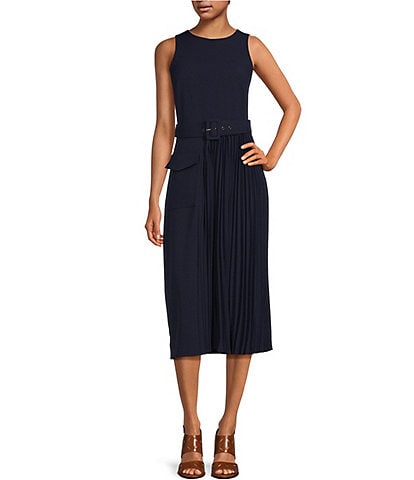 Taylor Stretch Crepe Round Neck Sleeveless Half Pleated Front Belted Midi Dress
