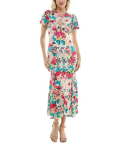 Taylor Stretch Matte Jersey Floral Print Keyhole Neck Short Sleeve Maxi Dress