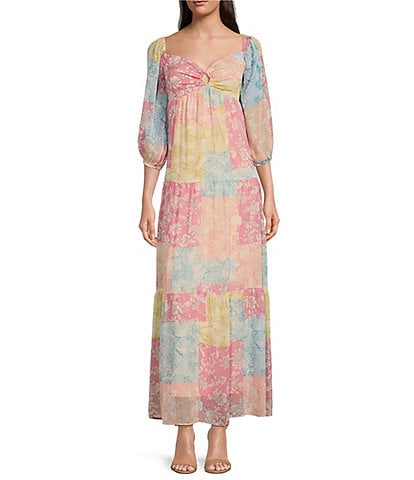 Taylor Floral Patchwork Print Sweetheart Neckline Long Sleeve Maxi Dress