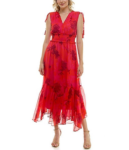 Taylor Textured Chiffon Floral Print V-Neck Sleeveless Smocked Self Tie Tassel Dress