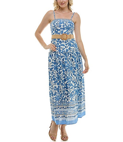 Taylor Toile Square Neck Sleeveless Belted Drop Waist Dress