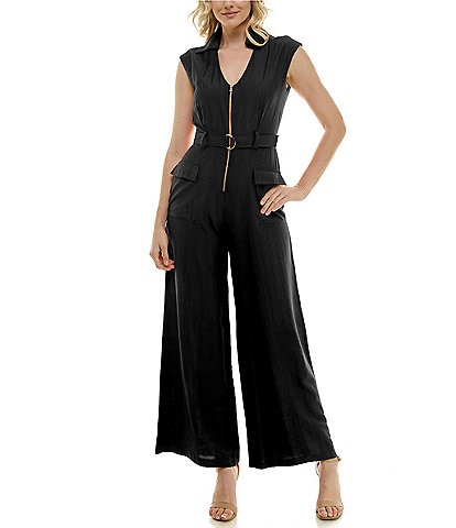 Taylor V-Neck Collar Cap Sleeve Zip Front Belted Straight Leg Jumpsuit