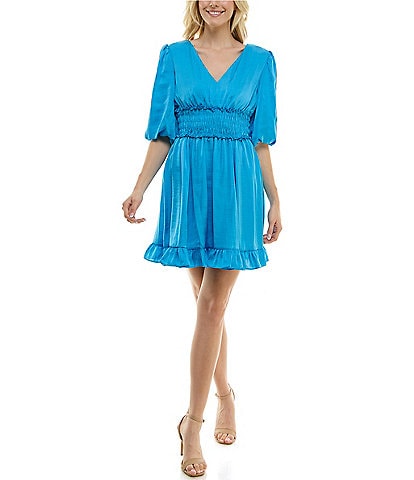 Taylor V Neckline 3/4 Sleeve Smocked Waist Dress