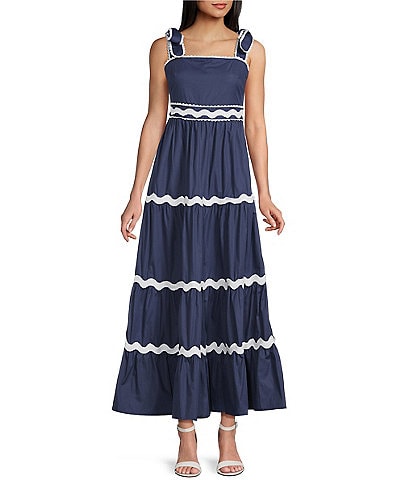 TCEC Ricrac Trim Poplin Square Neck Pleated Maxi Dress