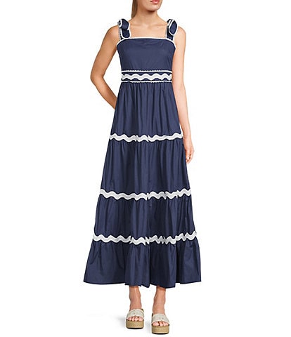 TCEC Ricrac Trim Poplin Square Neck Pleated Maxi Dress