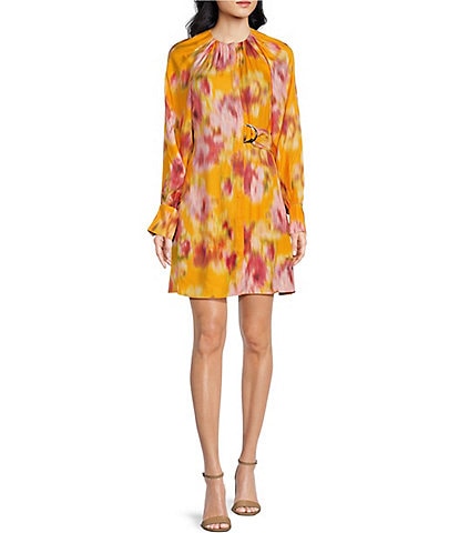 Ted Baker London Akemi Woven Abstract Print Round Neck Long Sleeve Mini Wrap Front Dress