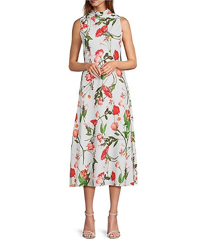 Ted Baker London Connihh Hammered Satin Mock Neck Sleeveless Floral Midi A-Line Dress