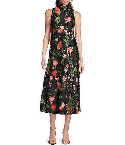 Ted Baker London Connihh Hammered Satin Mock Neck Sleeveless Floral Midi A-Line Dress