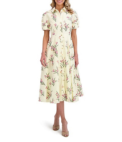 Ted Baker London Cotton Poplin Floral Print Point Collar Short Puff Sleeve Button Front Midi Dress