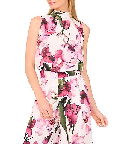 Ted Baker London Floral Satin Mock Neck Sleeveless Tie Back Blouse