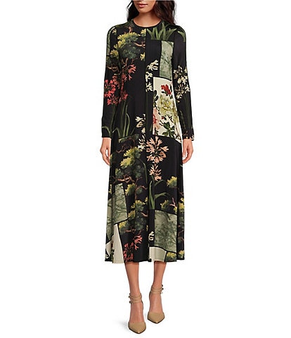 Ted Baker London Gretia Patchwork Floral Print Crew Neck Long Sleeve A-Line Midi Dress