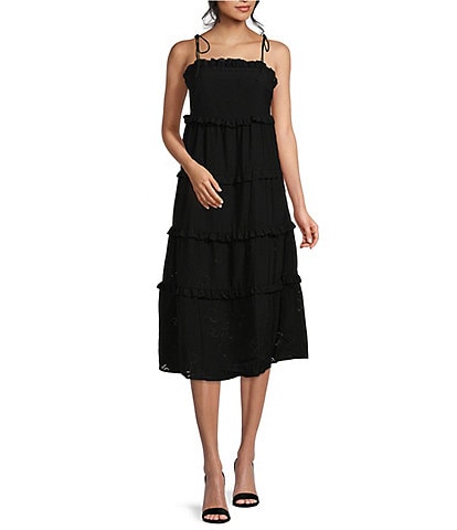 Ted Baker London Hansi Square Neck Tie Strap Sleeveless Ruffle Tiered Lace Back Detail Midi Dress