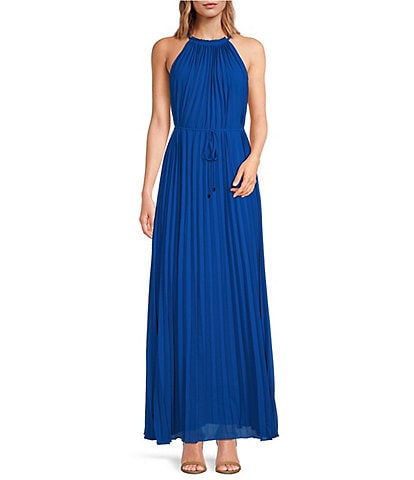 Ted Baker London Helyos Georgette Halter Neck Sleeveless Pleated Belted Maxi Dress