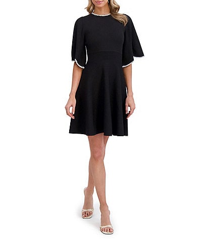 Ted Baker London Knit Crew Neck Elbow Tulip Sleeve Fit-And-Flare Embroidered Trim Dress