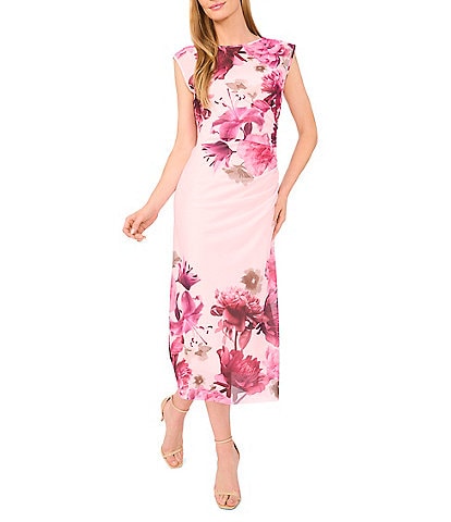 Ted Baker London Mesh Floral Print Round Neck Cap Sleeve Midi Dress