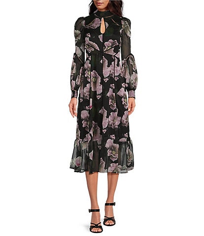 Ted Baker London Pohlley Floral Print Mock Neck Long Sheer Sleeve Tiered Hem A-Line Midi Dress
