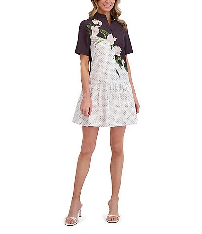 Ted Baker London Poplin Floral Polka Dot Print Collar Short Sleeve Drop Waist Dress