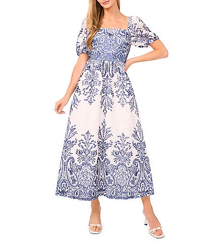 Ted Baker London Printed Eyelet Square Neck Short Puff Sleeve Dress