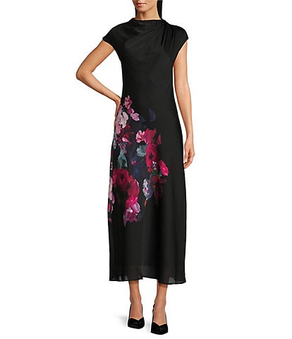 Ted Baker London Rahelee Woven Floral Print Drape Cowl Neck Cap Sleeve A-Line Midi Slip Dress