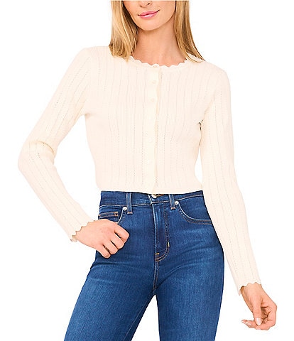 Ted Baker London Ribbed Pointelle Scallop Round Neck Long Sleeve Cardigan