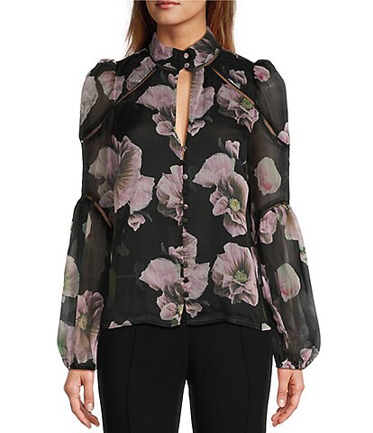Ted Baker London Theera Woven Floral Print Mock Neck Long Sheer Sleeve Ladder Trim Blouse