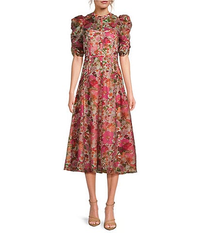 Ted Baker London Woven Tencel Painted Floral Print Round Neck Short Puff Sleeve Midi A-Line Dress