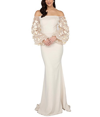 Terani Couture 3D Floral Embellished Off-the-Shoulder Long Sleeve Mermaid Gown