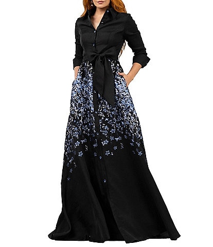 Terani Couture Jacquard Floral Ombre 3/4 Sleeve Long Shirt Maxi Dress