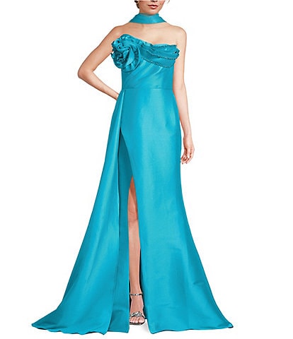 Terani Couture 3D Floral Strapless Stretch Mikado Drape Front Sheath Gown