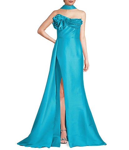 Terani Couture 3D Floral Strapless Stretch Mikado Drape Front Sheath Gown