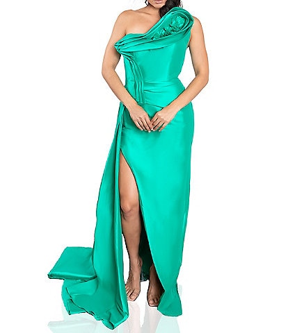 Terani Couture 3D One Shoulder Side Train Taffeta Gown