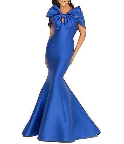 Terani Couture Asymmetrical Bow Neck Short Sleeve Mermaid Dress