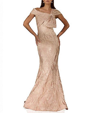 Terani Couture Asymmetrical Neck Bow Detail Jacquard Mermaid Gown