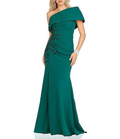 Terani Couture Asymmetrical Neck Short Sleeve Ruched Beaded Mermaid Gown