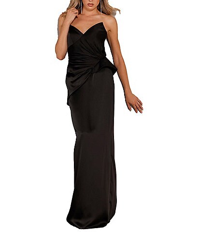 Glamour by Terani Couture Asymmetrical Peplum Waist Satin Dress