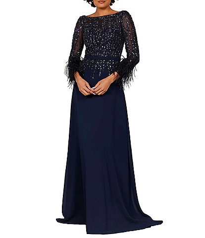Terani Couture Cascade Beaded Boat Neck Feather Cuff Sleeve Belted A-Line Gown